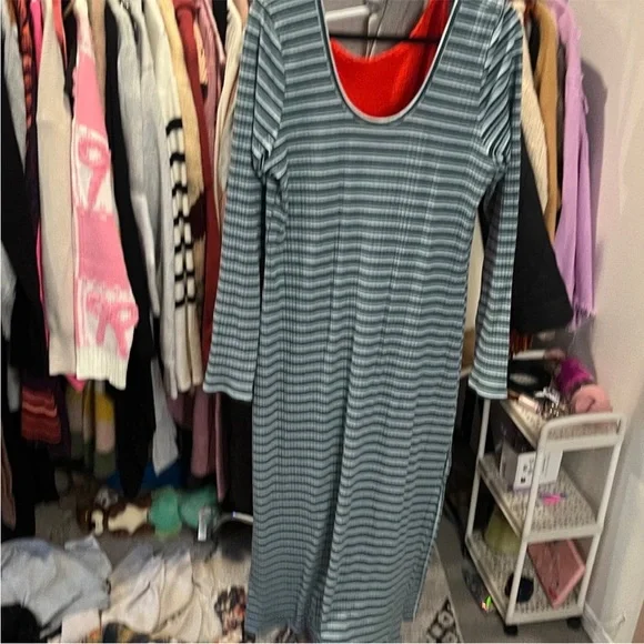 American Eagle Outfitters Teal and White Striped Long Sleeve Dress - Picture 2 of 2